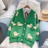 Fuzzy Appliqued Sheep Cardigan Knit Sweater Jacket Coat Oversize Cute Lamb Button Up V-Neck Jacquard Winter Women Y2K Knitwear