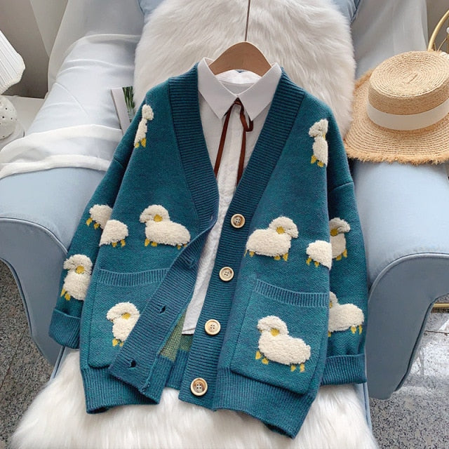 Fuzzy Appliqued Sheep Cardigan Knit Sweater Jacket Coat Oversize Cute Lamb Button Up V-Neck Jacquard Winter Women Y2K Knitwear