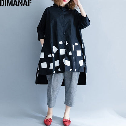 Women Blouse Shirts Long Sleeve Cotton Top Autumn Femme Lady Large Loose Clothing Print Spliced Pleated Plus Size Black
