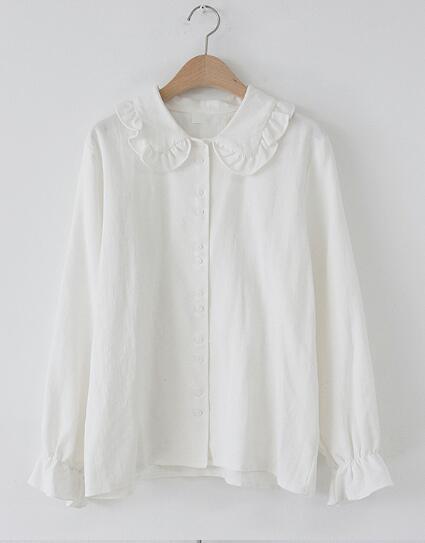Basic Shirts Blouses Hot Sales  Women Fashion Design Korean Preppy Style Flare Sleeve Peter Pan Collar White Button Shirt